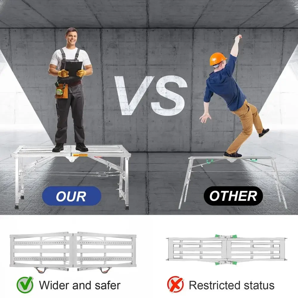 Adjustable Portable Folding Step Scaffolding Ladder RV Cleaning Work Platform Non-slip Feet 330lbs Capacity Safe Sturdy Aluminum