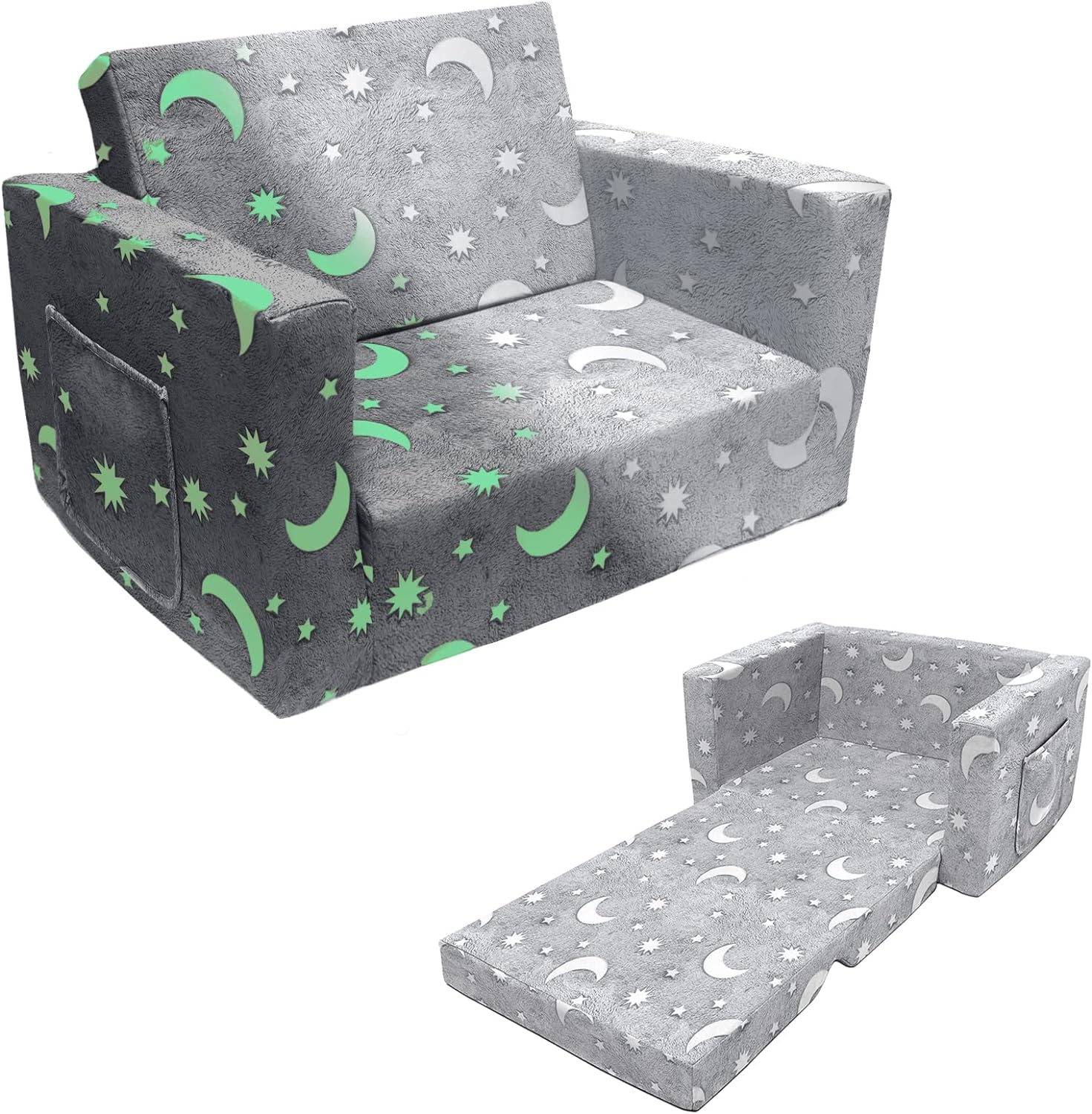 Składana sofa dla dzieci, świecąca w ciemności rozkładana sofa dla dzieci, rozkładana sofa dla dzieci 2 w 1, wyjątkowo miękka rozkładana sofa dla malucha