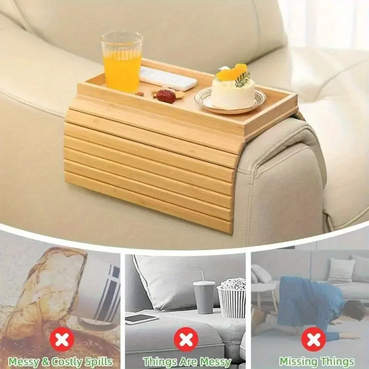 Sofa Armrest Tray Collapsible Bamboo Sofa Armrest Table, Non-slip Sofa Armrest Tray with Cup Holder, Snack Side Table