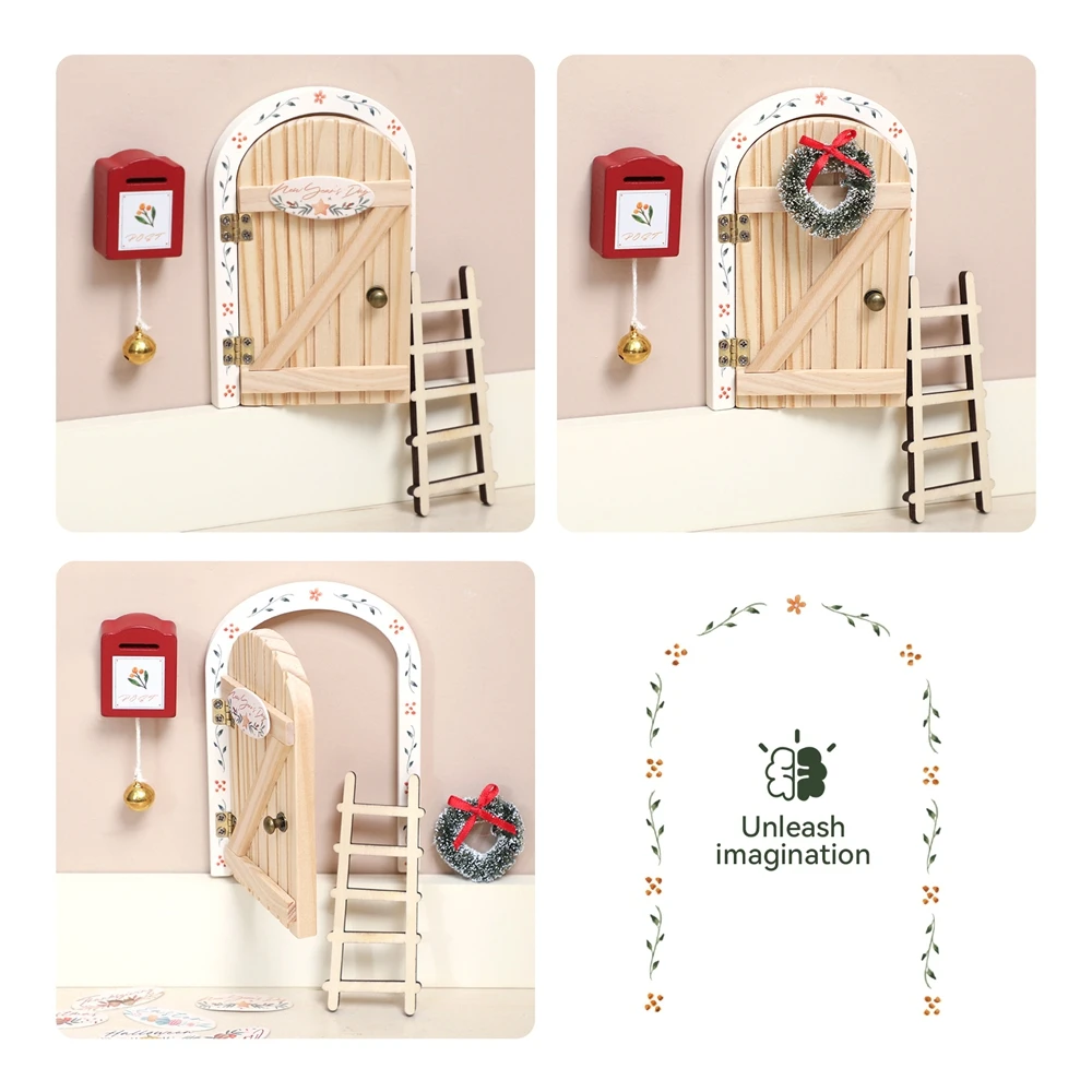 Casa de bonecas mini decorações para casa estilo natal porta elfo de madeira com acessórios decoração da escada da parede do quarto do bebê presentes do bebê