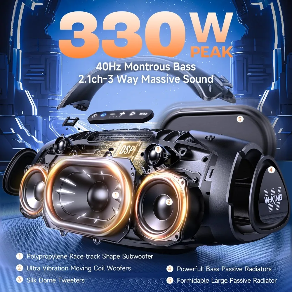 W-KING 330W Peak Loudest Boom Box, IPX7 Waterproof Party Bluetooth Speaker with 7.5" Subwoofer, Massive Bass, Hi-Fi, Large Outdo