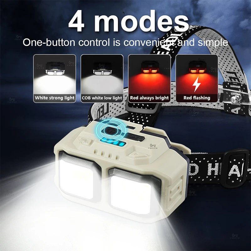 Linterna frontal LED de alta potencia, luz roja recargable, resistente al agua, linterna frontal LED, accesorios de pesca, tapa, luz de trabajo Linterna frontal portátil Clase 'Light Feather' Ángulo ajustable camping