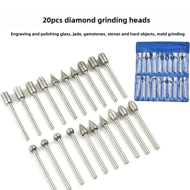 20pcs 3mm Diamond Grinding Heads Mini Bit For Rotary Drill Tool Burrs Grinding Accessories  Shank Tools Kit Abrasive Tool
