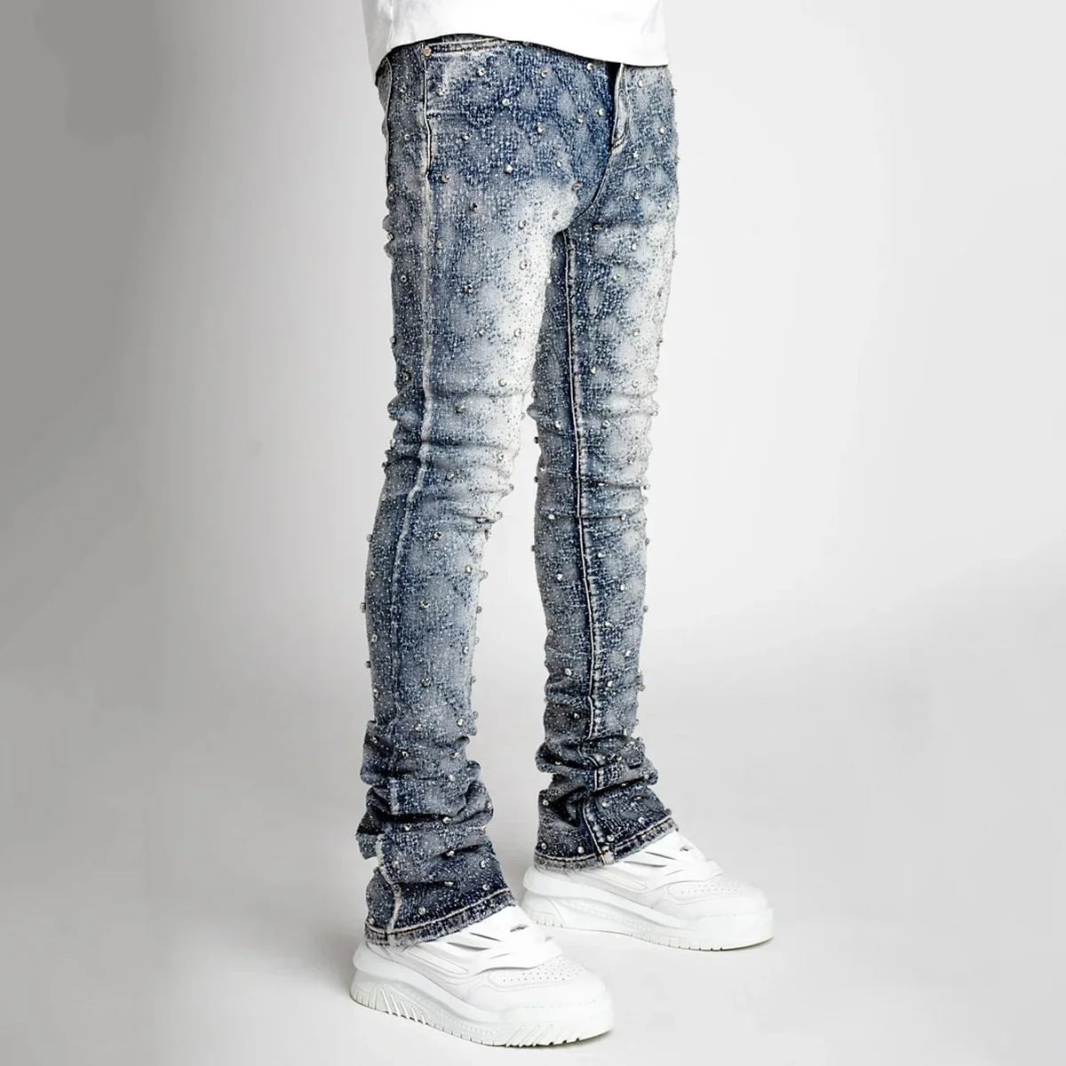 Herren-Jeans, modisch, gerade, dehnbar, Perlen-Denim, laminierte Hose für Herren