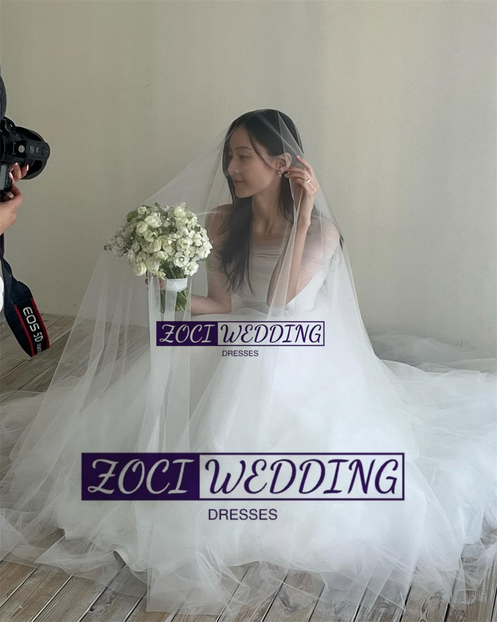 Zoci Elegant Strapless Korea A Line Wedding Dresses Shoulder Cape Photo Shoot Dress Customized Draped Tulle Backless Bridal Gown