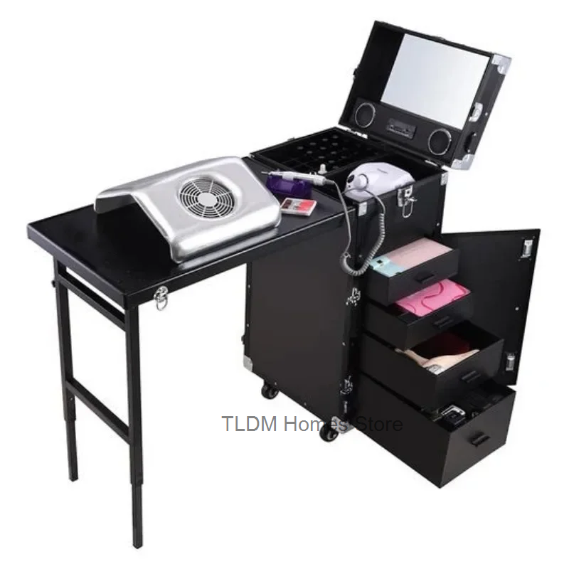 Estação de trabalho cosmética preta dobrável com rolamento portátil Caso Nail Tech Tables Manicure