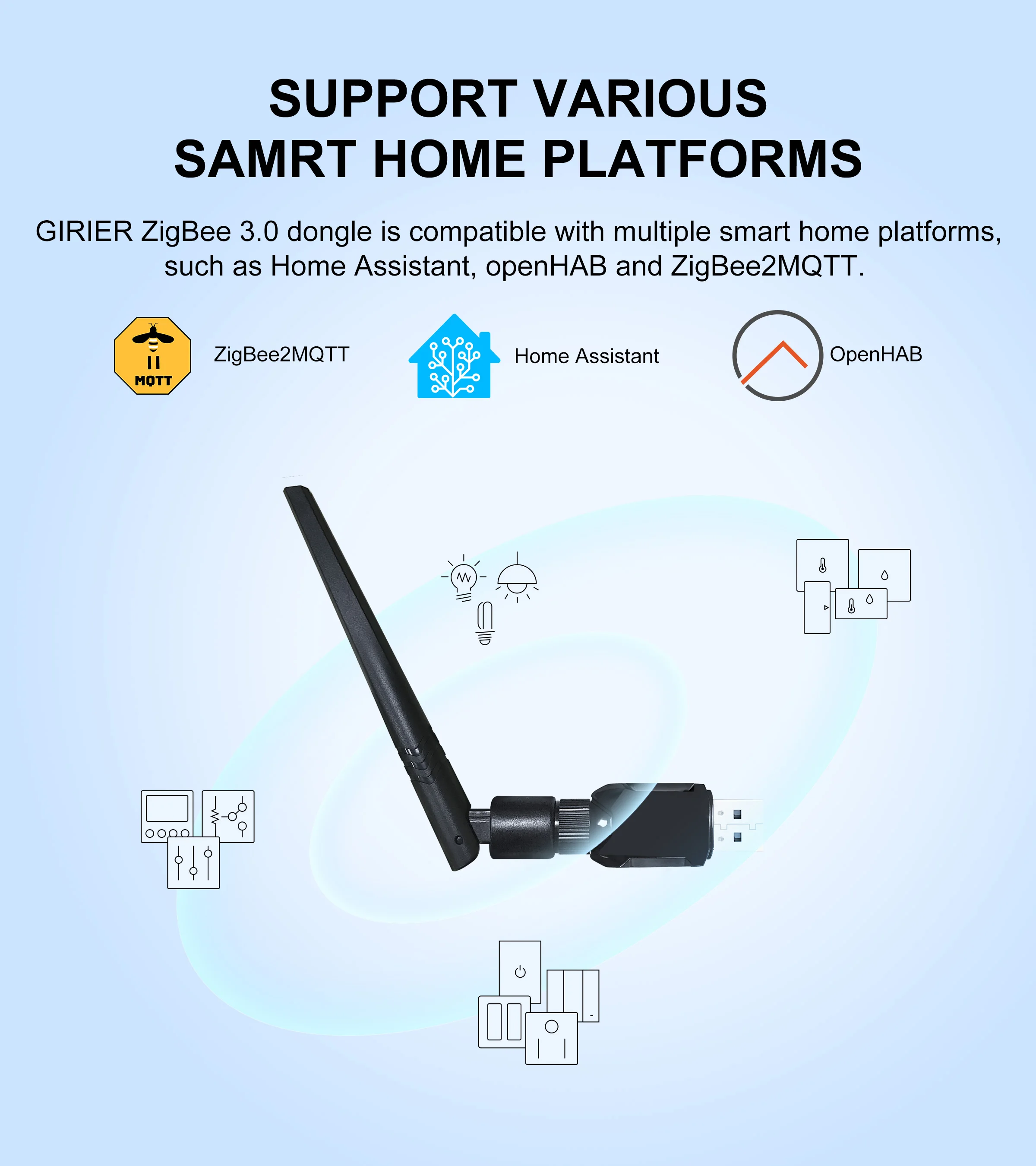 GIRIER ZigBee 3.0 Dongle USB Gateway, Universal ZigBee Gateway con Antena Compatible con Home Assistant OpenHAB ZigBee2MQTT