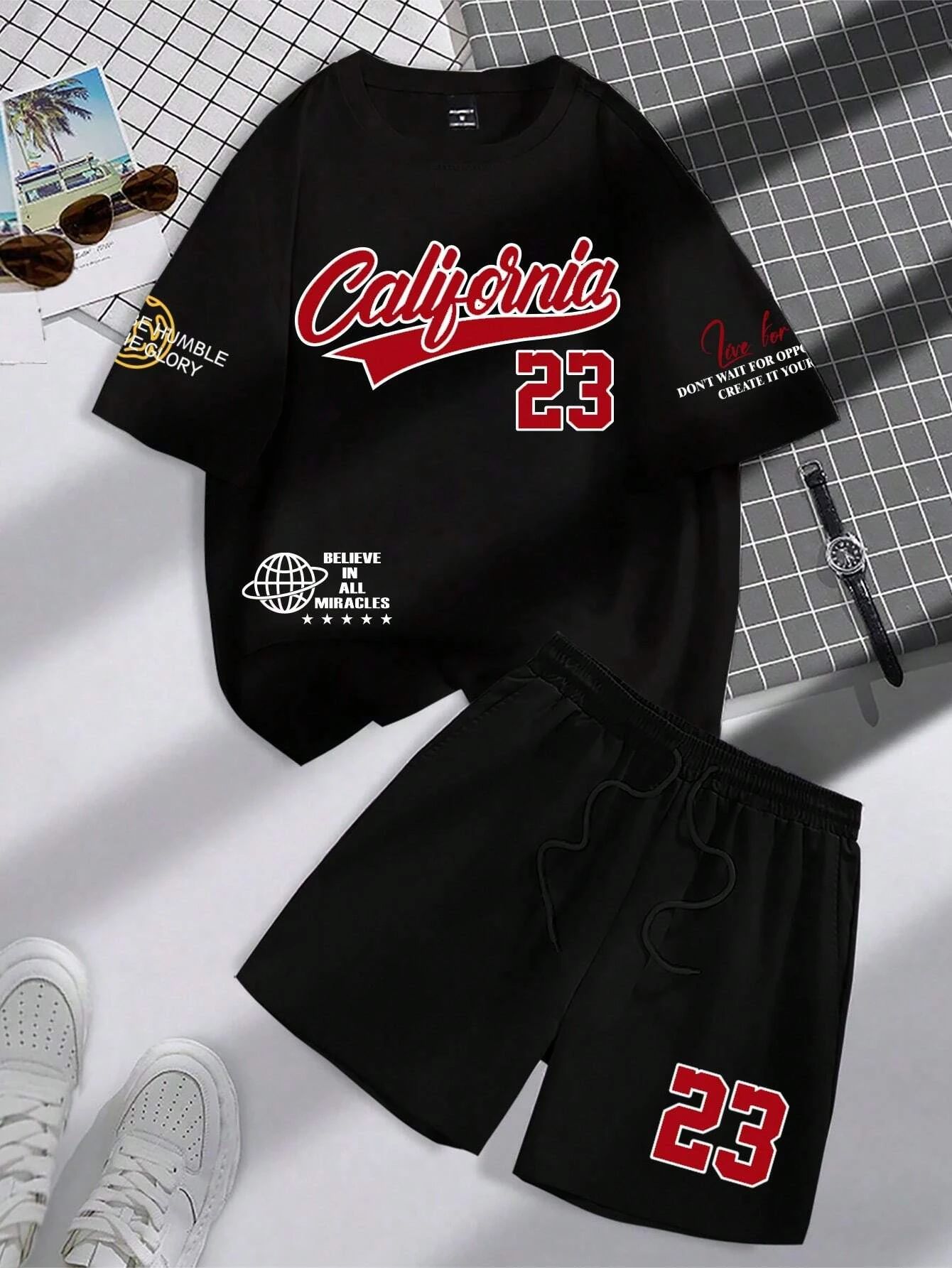 2025 verão nova tendência terno masculino em torno do pescoço manga curta conjunto moda personalizado impressão alfanumérica em torno do pescoço camiseta e shor