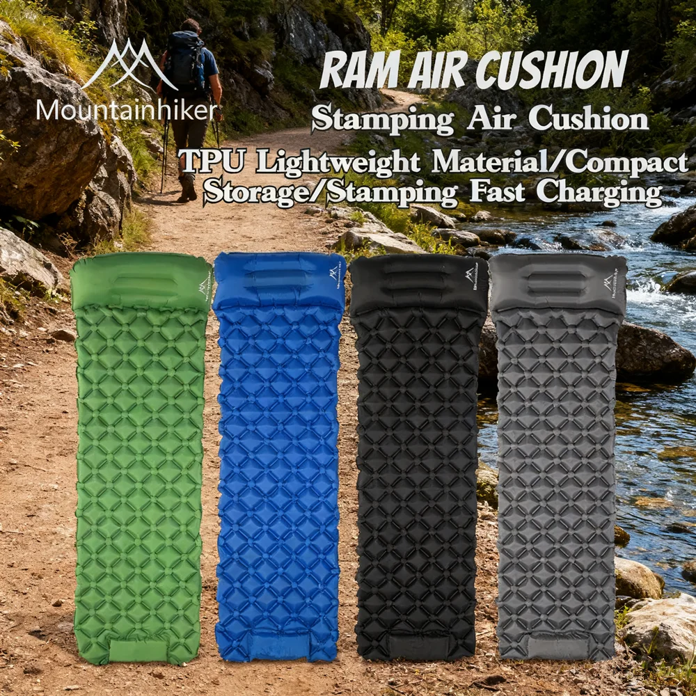 MOUNTAINHIKER-cojín de aire estampado para exteriores, colchón inflable portátil para acampar con reposacabezas, colchoneta de viaje, cama plegable