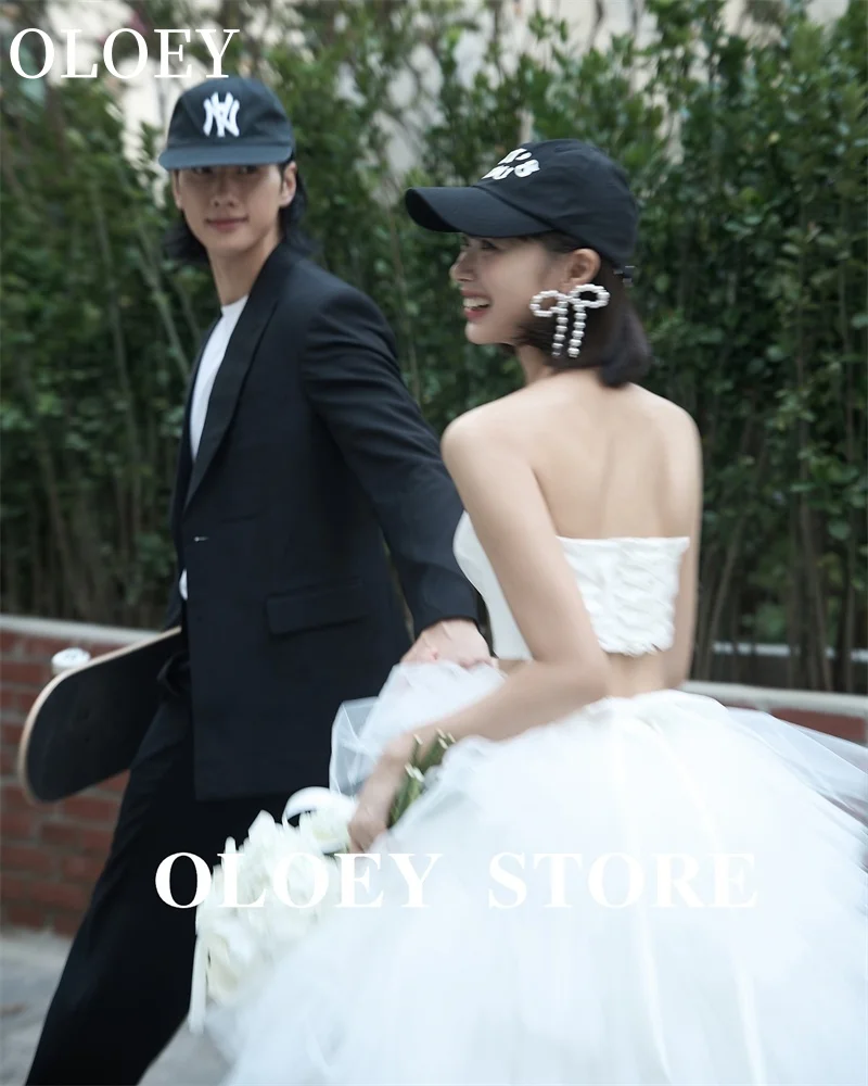 OLOEY 화이트 프릴 얇은 명주 그물 웨딩 드레스, 한국 사진 촬영 얇은 명주 그물 공주 신부 가운, 맞춤형 결혼, 2 피스