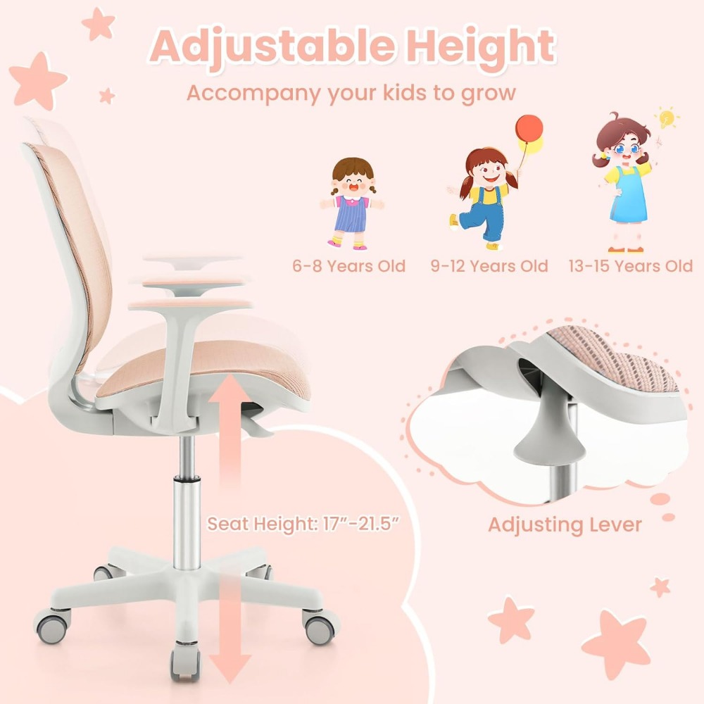 Kids Desk Chair, Height Adjustable Children Study Computer Chair with Armrests, Sit-Brake Casters, Swivel Mesh Task Chai