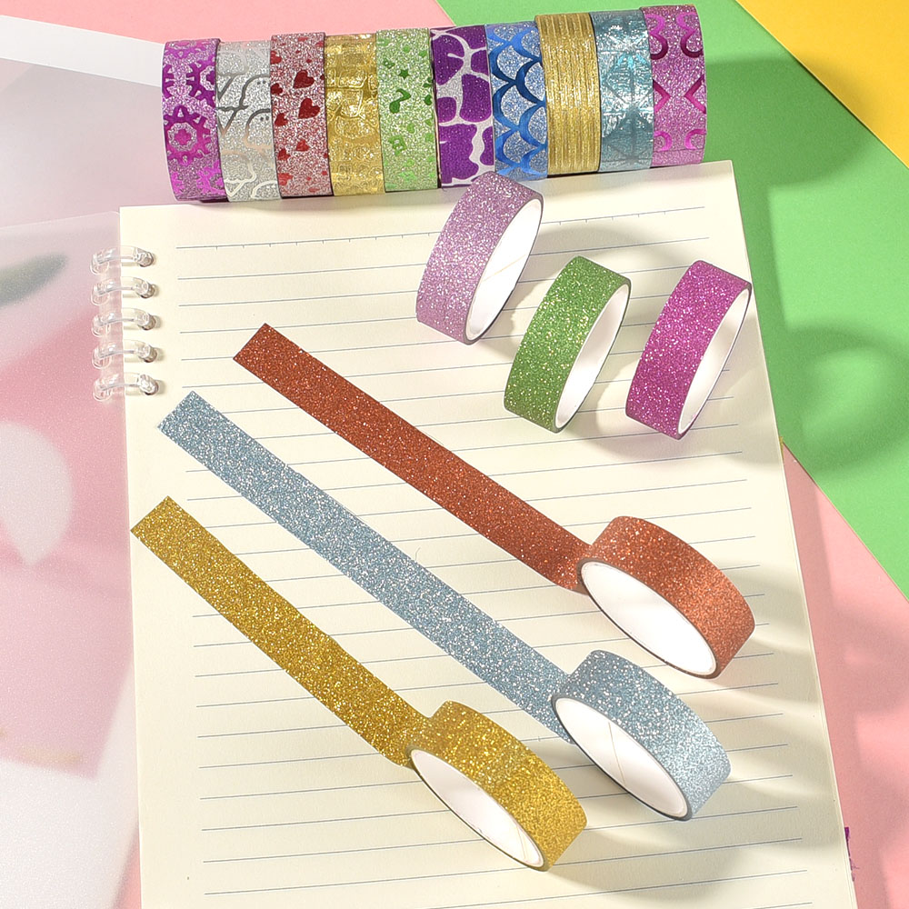 10 롤 무작위 컬러 반짝이 스티커 종이 접착 테이프 DIY 장식 라벨 공예 스티커 사무실 학교 선물 포장