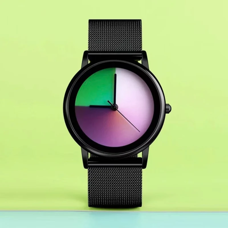 Nuevo reloj único para mujer, reloj de pulsera de cuarzo con esfera cambiante colorida informal a la moda, relojes simples de acero ultrafinos para mujer, regalo especial