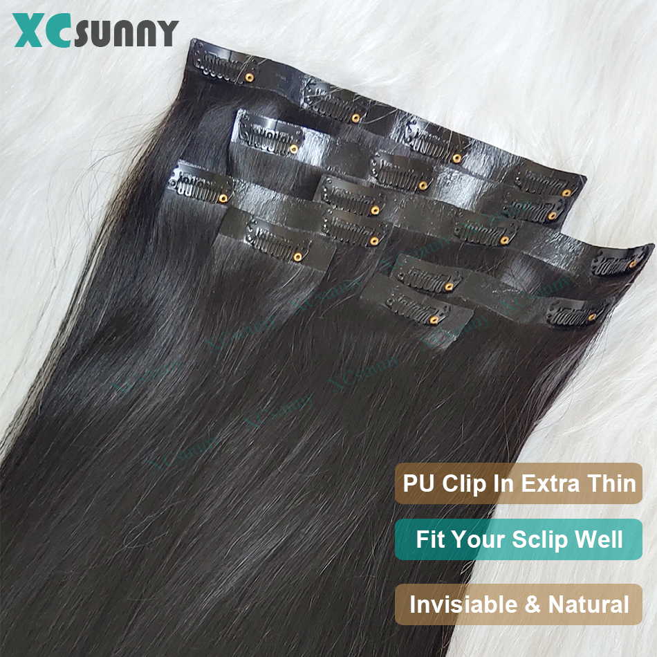 Clip droit sans couture Ins cheveux humains pince en polyuréthane dans les Extensions de cheveux cheveux humains Double dessiné peau trame pince pour les femmes 100g-240g