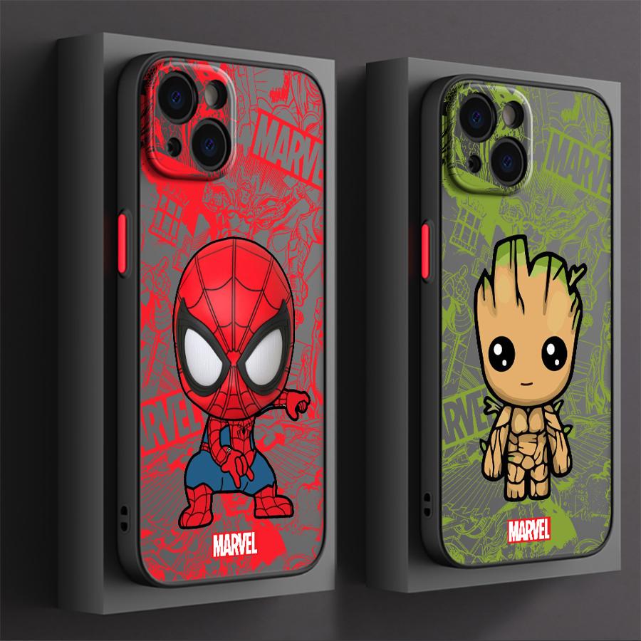 Funda de teléfono Marvel Cute Spider Man Groot para iPhone 16 Pro 11 12 Mini 13 14 Pro 15 Pro Max 7 8 Plus XR XS MAX funda suave negra