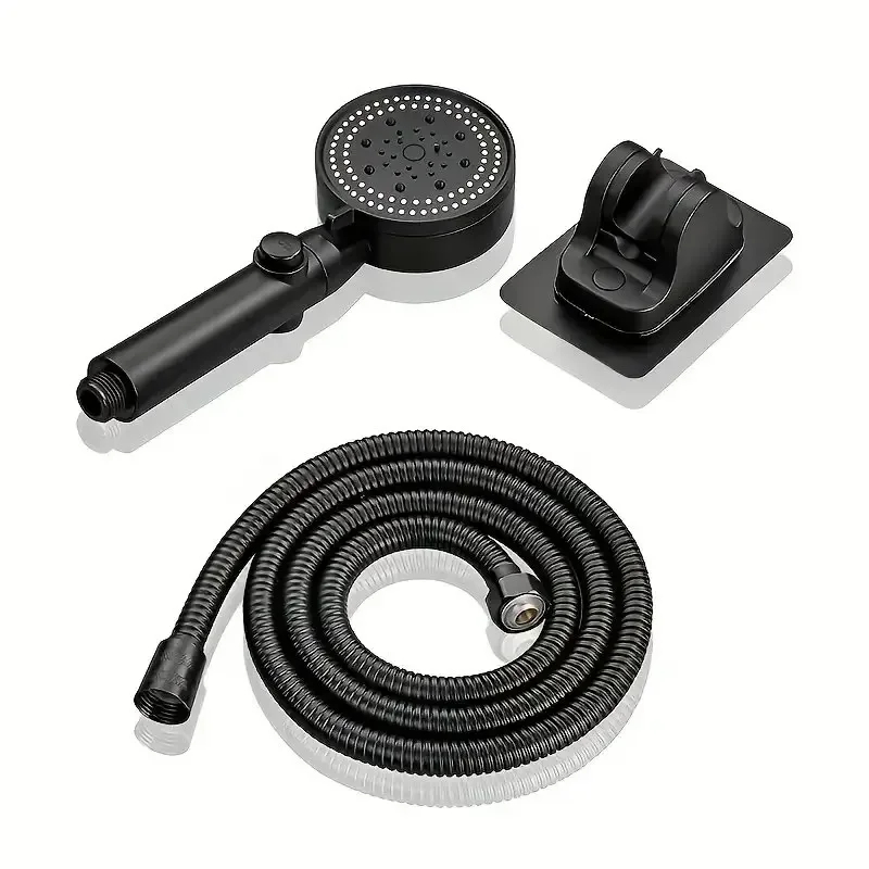 Cabeça de chuveiro preta ajustável de 3 pces, cabeça de chuveiro de poupança de água de alta pressão com 5 modos + suporte fixado na parede + mangueira