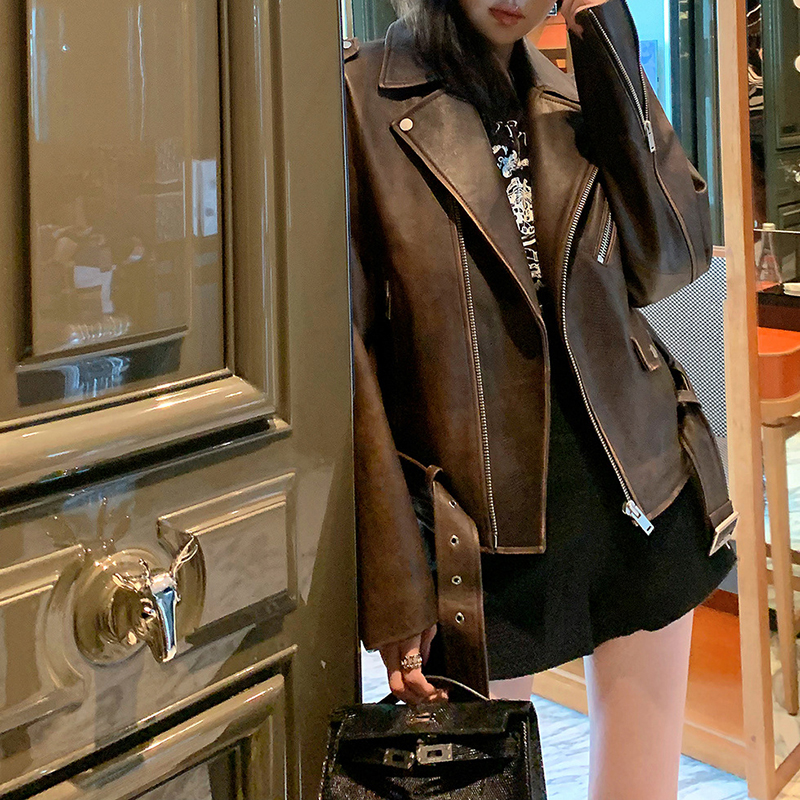 Jaqueta De Couro De Pele De Carneiro Genuíno, Casaco De Couro Real para Senhora, Oversize Retro Moto Biker Jacket, Nova Moda, TF3788