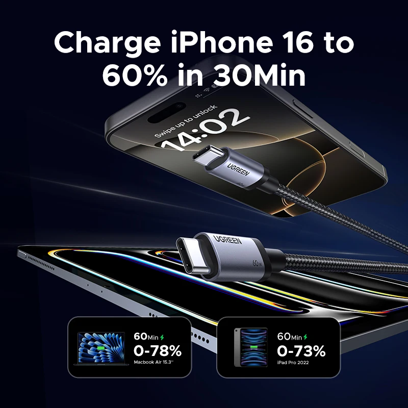UGREEN USB C Cable PD60W Fast Charge Cable for iPhone 17 16 15 Samsung S25 S24 iPad MacBook Air Xiaomi Fast charging Data Cable