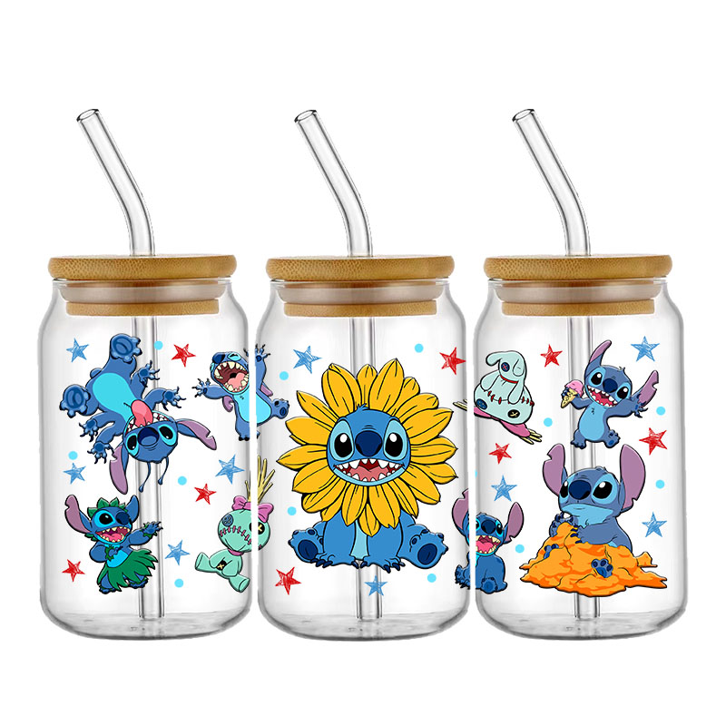 Disney Stitch Lilo UV DTF Transfer Sticker For 16oz Libbey Glass Sticker Cup Wrap Decal DIY Permanent Selfadhesive Waterproof