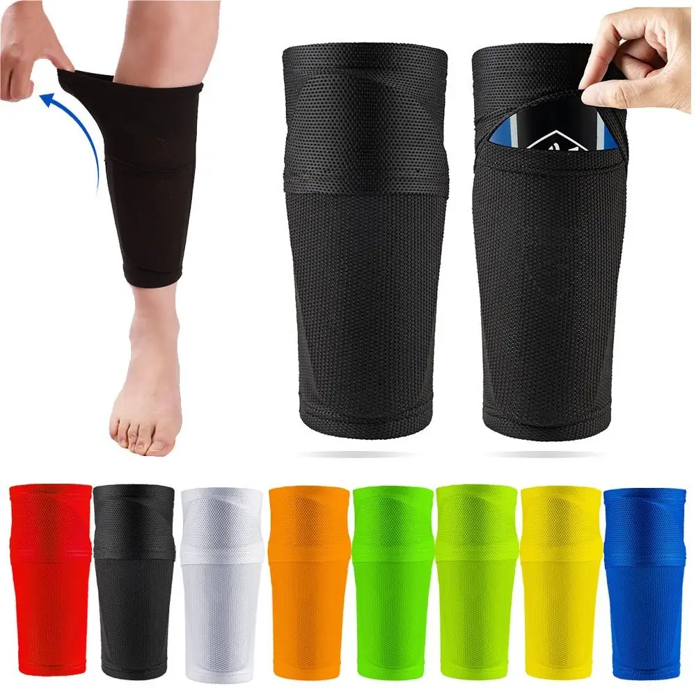 Espinillera de fútbol a prueba de golpes, Protector de pantorrilla de nailon, Mangas de pierna, calcetín, Protector de espinillera con protección de entrenamiento de bolsillo, 1 par