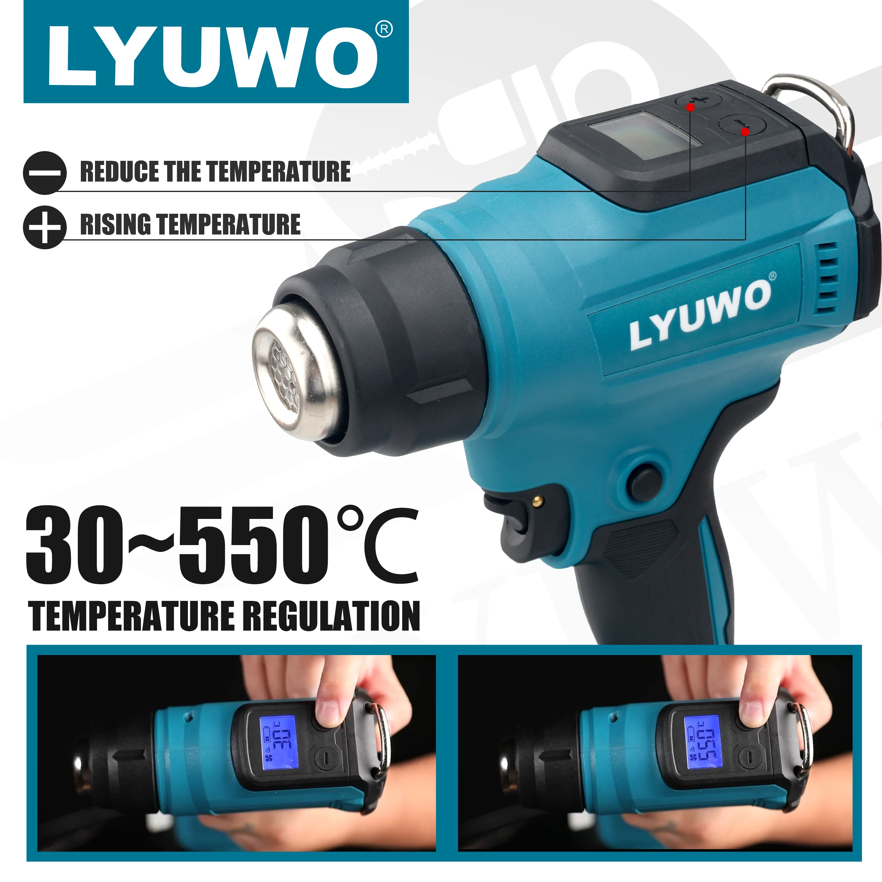 LYUWO 18V Heat Gun Shrink Wrapping Tool Hot Air Gun Air Dryer Soldering Thermal Blower with LED display, Tool only, No battery