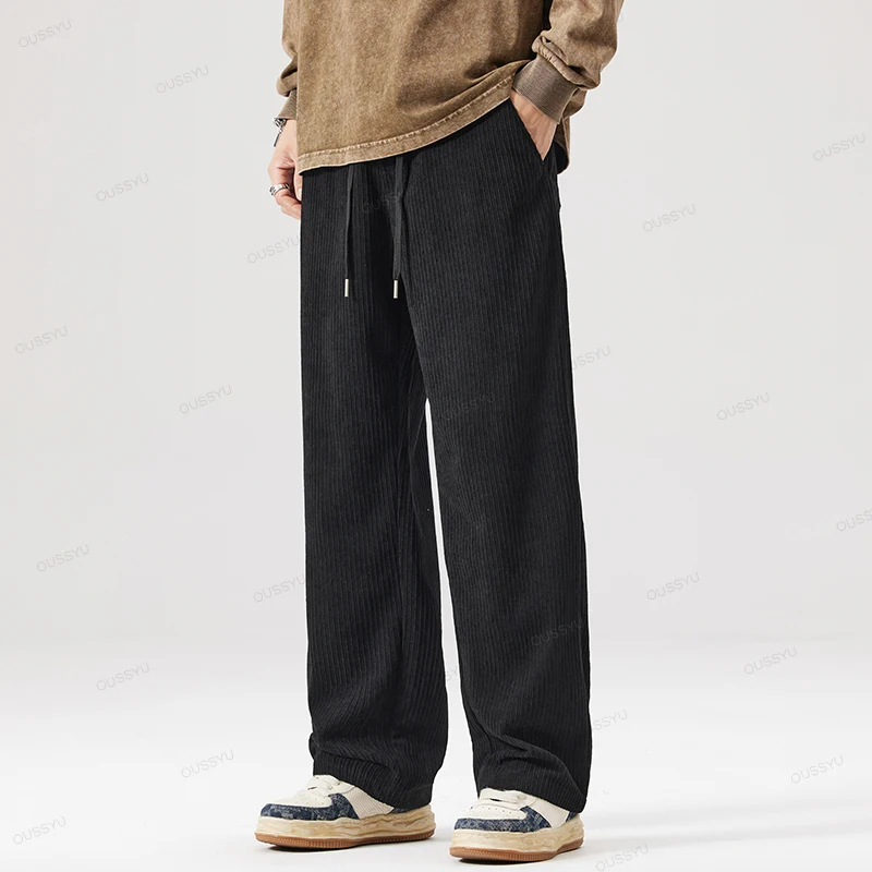 OUSSYU แบรนด์ฤดูใบไม้ร่วงฤดูหนาวผู้ชายลาย Corduroy กางเกงเอวยางยืดตรงหนากลางแจ้งกางเกงหลวมๆสบายๆ
