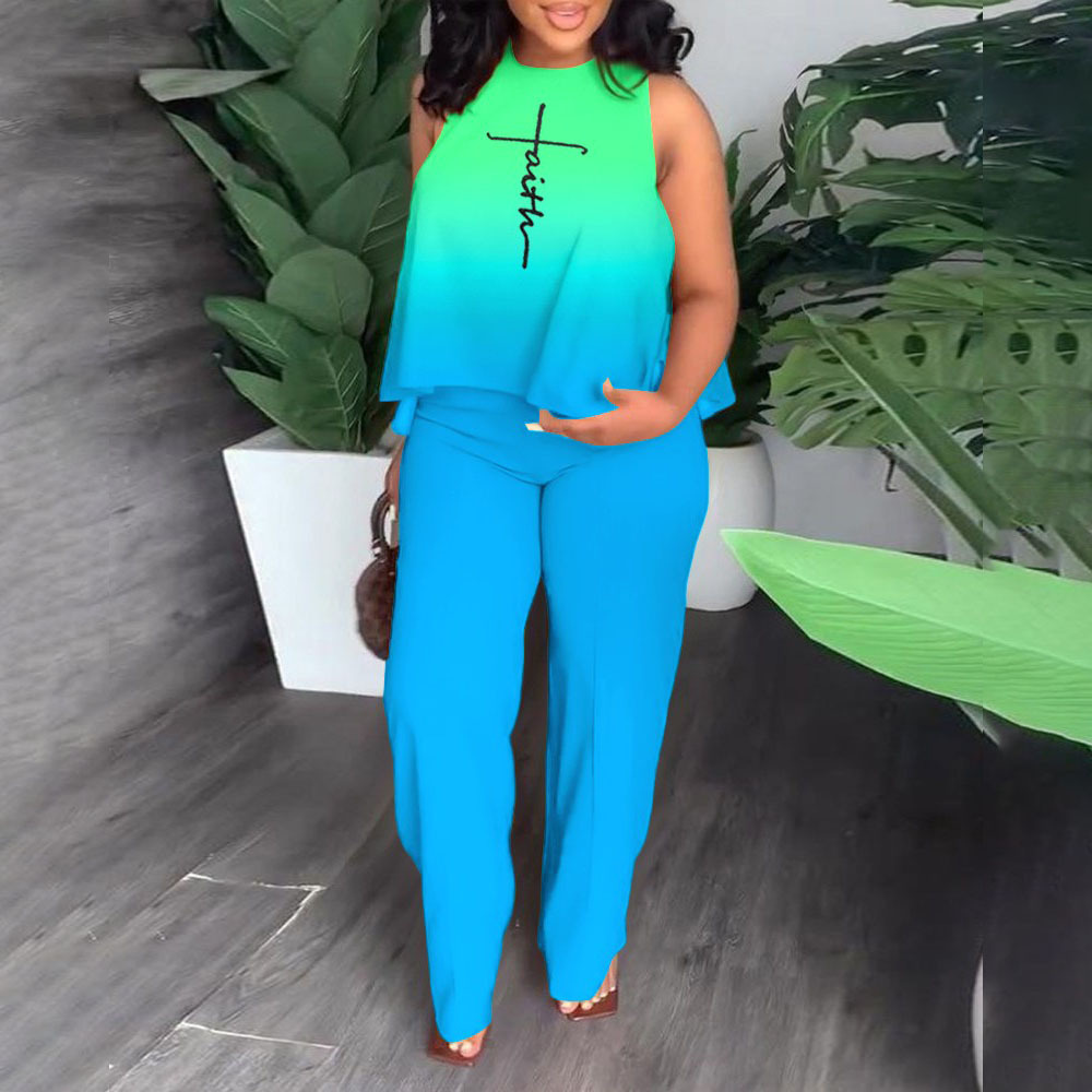 Cutuly Set 2 potong pakaian wanita musim panas, Tank top tanpa lengan motif, pakaian klub 2023 kaki lebar, liburan modis