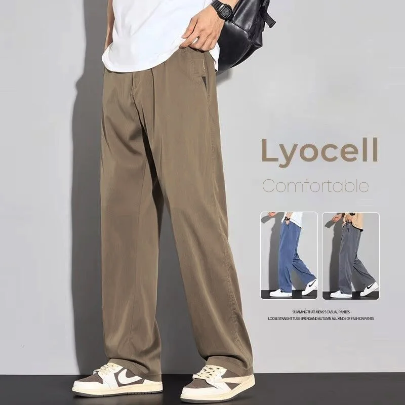 2025 outono novo masculino macio lyocell calças casuais confortável moda cor sólida simples calças masculinas roupas de marca