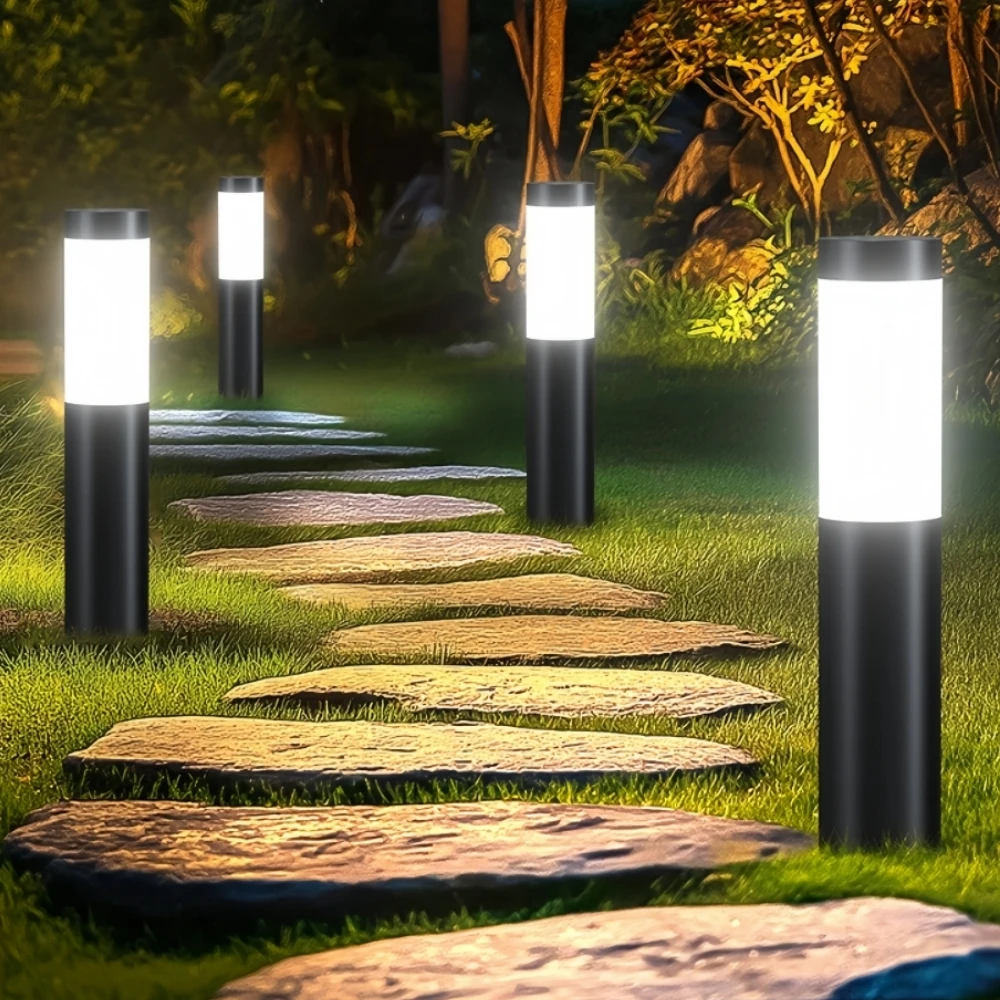 Solar Stainless Steel LED Modern Pathway Lights Upgraded Courtyard Outdoor Garden Cylindrical Lawn Light Outside Walkway Decor