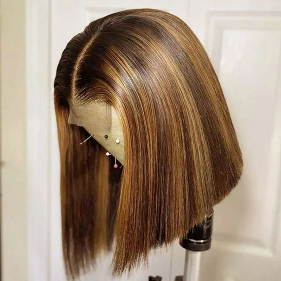 Brasileiro 4x4 fechamento do laço peruca destaque colorido perucas de cabelo humano destaque marrom bob perucas em linha reta cabelo remy 180 densidade à venda