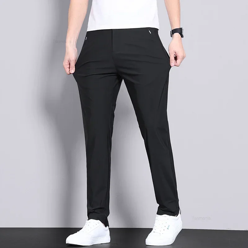 Ultra-thin Elastic Men's Casual กางเกงฤดูร้อน Quick-drying ICE Silk Slim ตรงธุรกิจกางเกงสีทึบสีดําสีเทา