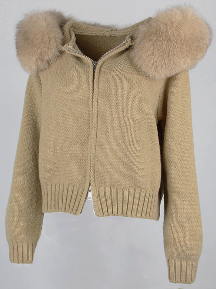Oftbuy 2023 nova moda outono inverno casual com capuz gola de pele de raposa real jaqueta curta de malha com casaco quente natural para mulher