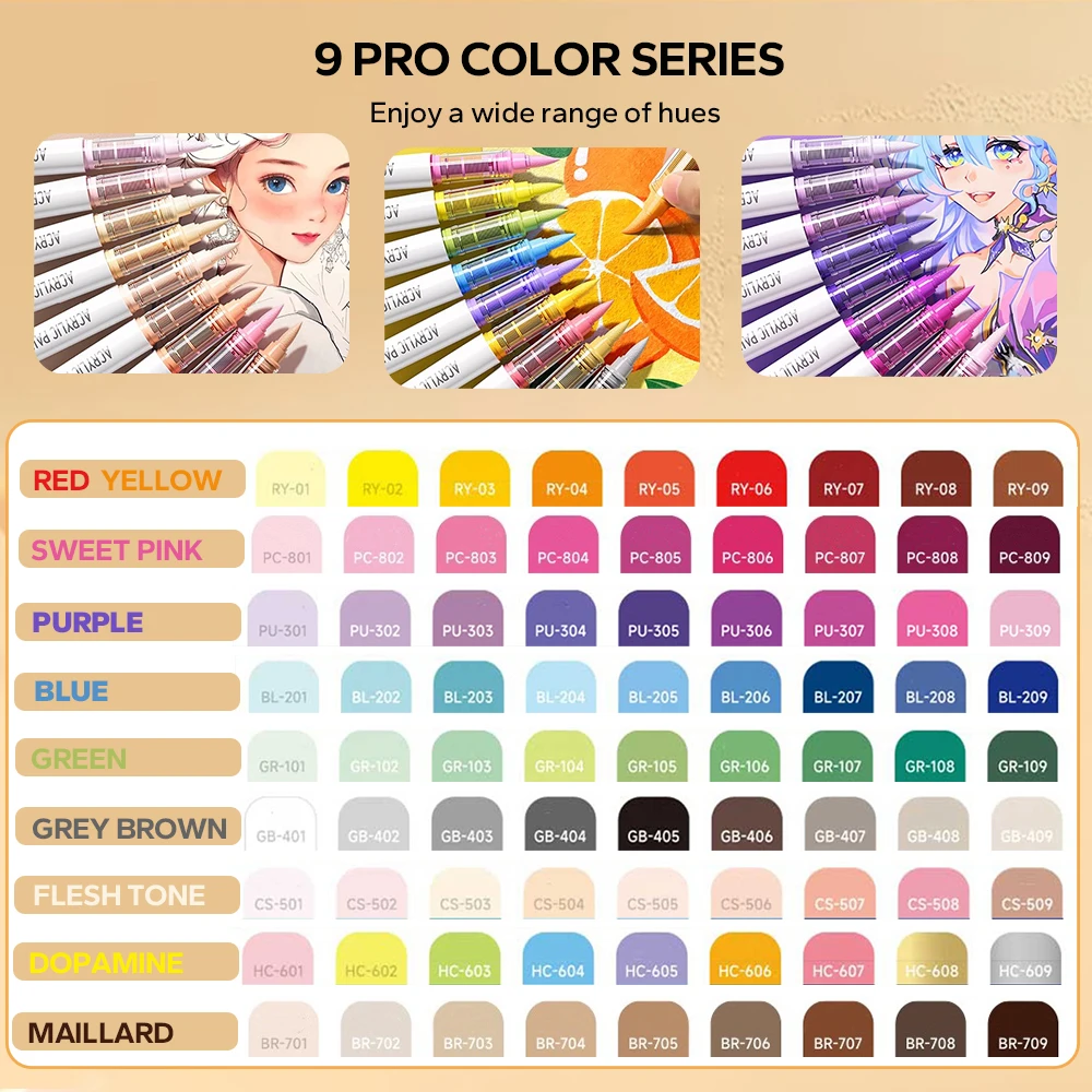 Acrylic Brush Markers Set, Assorted Pro Color Series Automatic Ink Control System Art Markers Set, 9 Count/Set