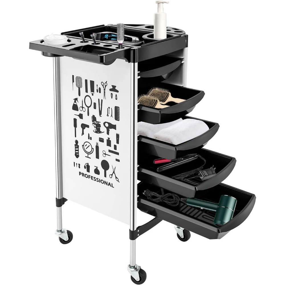Friseurwagen mit 5 Schubladen und Rollen, Salon-Arbeitswagen, Trolley, Stylist, Friseur, Weiß