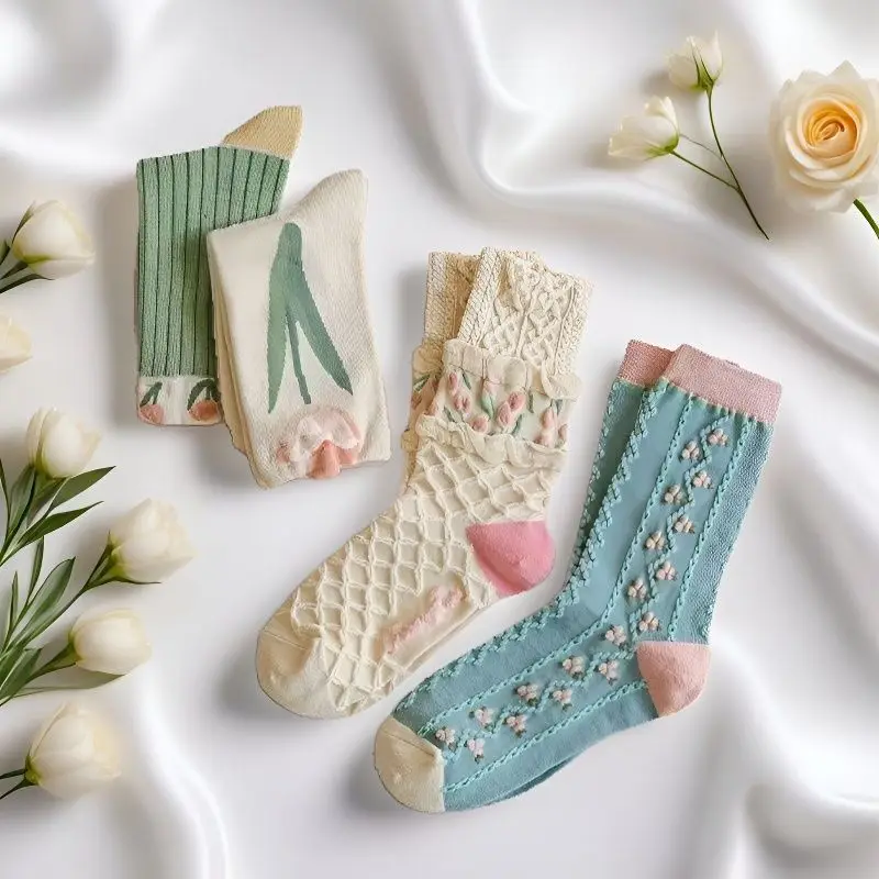 4 pares de calcetines florales conjunto de mujeres linda flor geométrica 3D texturizado tobillo Cottagecore calcetines de la suerte moda Casual Mid Cub calcetines