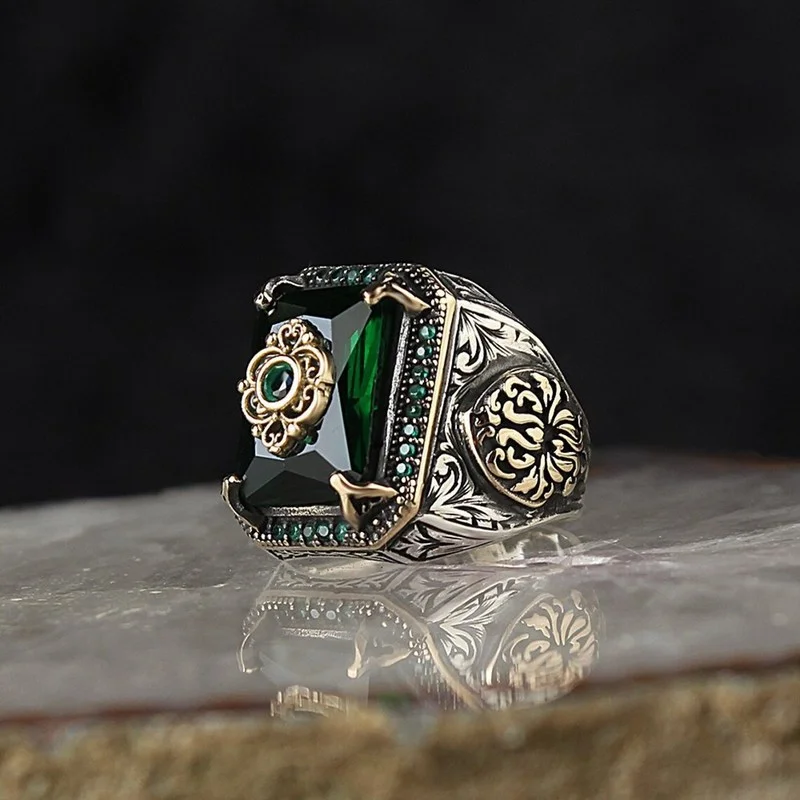 Anillo de sello turco hecho a mano Retro para hombres, patrón de tallado de Color plateado Vintage, incrustaciones de circonita verde, anillo de motorista Punk de fiesta