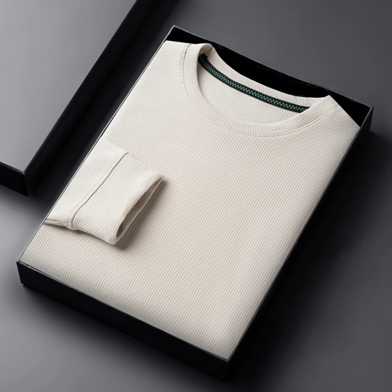 2024 เสื้อยืดคอกลมแขนยาวแฟชั่นลําลองสําหรับบุรุษวาฟเฟิลสบายด้านบน