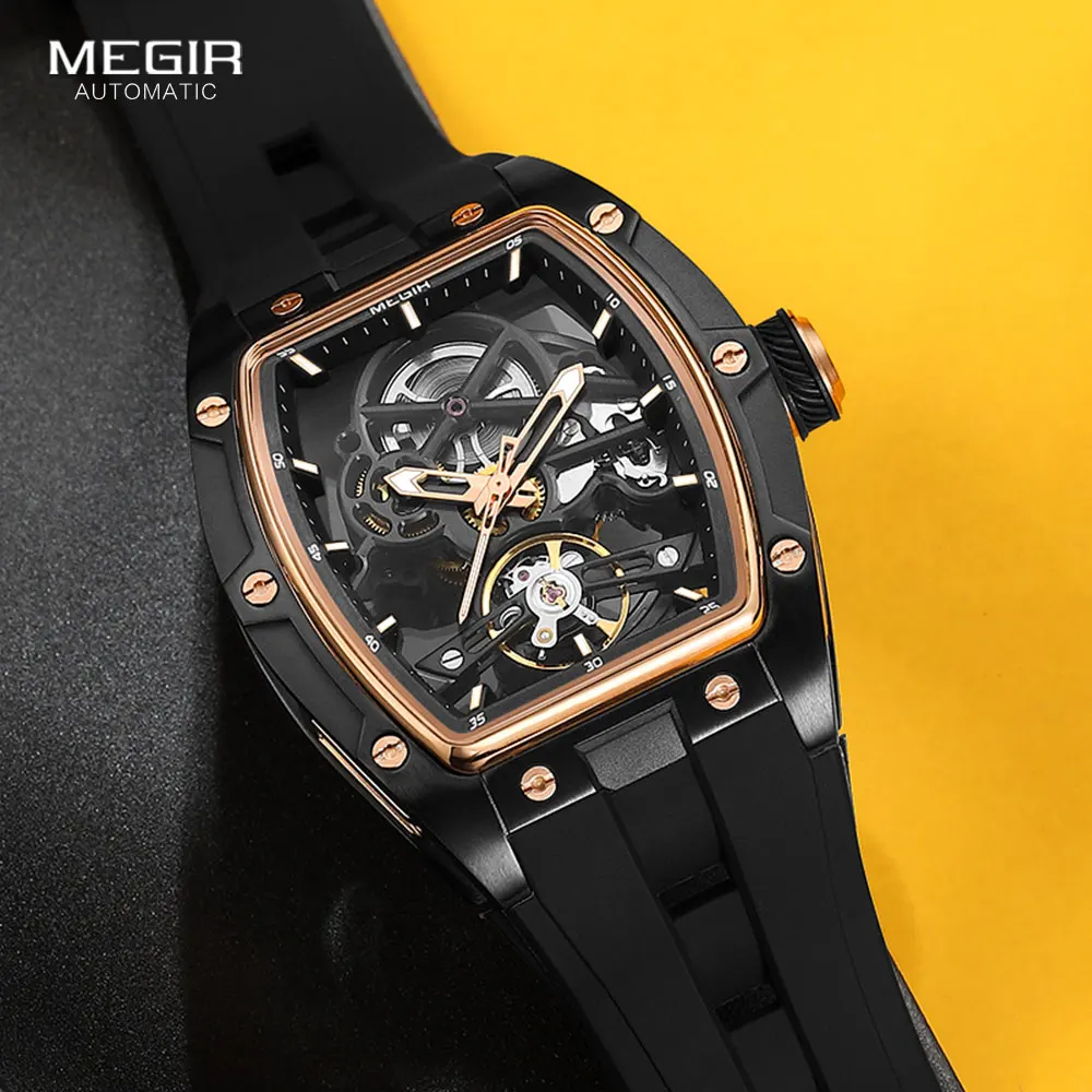 Megir 2242 Blauw Automatisch Horloge Voor Heren Sport Waterdicht Roestvrij Staal Mechanisch Polshorloge Met Siliconen Band Skelet Wijzerplaat