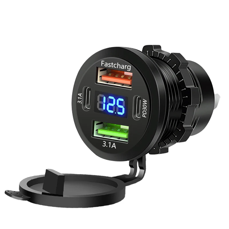 86W autolader PD Type C QC3.0 snel opladen met voltmeter stopcontactadapter waterdicht 12V / 24V voor auto boot motorfiets
