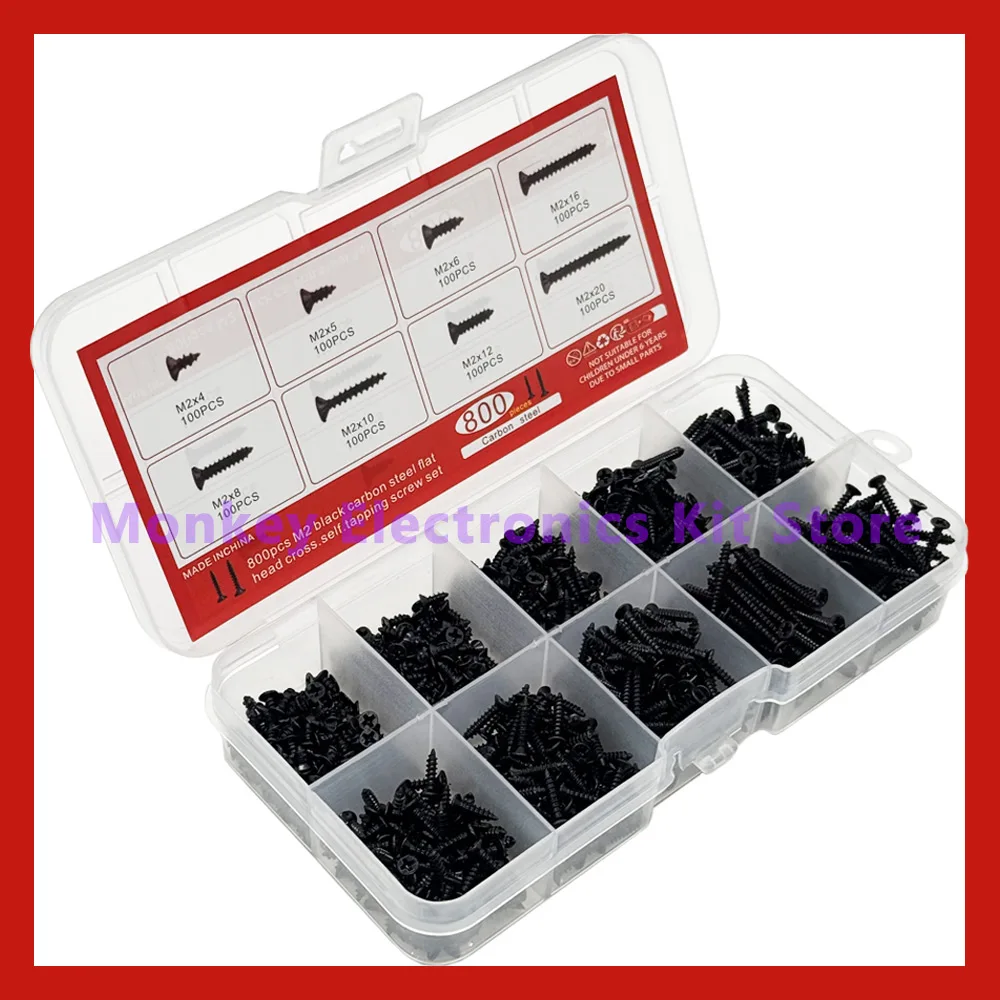 800PCS/1 Set M2 Black Phillips Self Tapping Screw Assortment Kit Locking Screws And Wood Screws