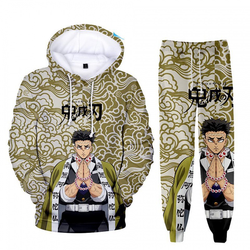Anime demon slayer hoodies 3d impresso cosplay calças + moletom com capuz 2 pçs conjunto de treino masculino oversize vintage streetwear calças com capuz conjuntos