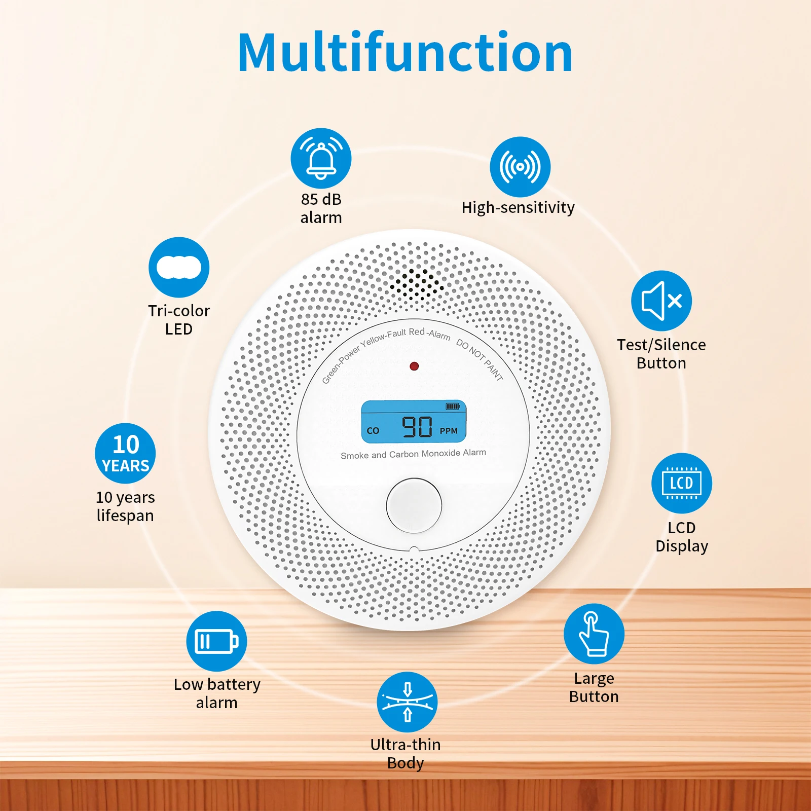 Combinación de detector de humo y CO de alta sensibilidad Compatible con WiFi Tuya Alertas de aplicaciones en tiempo real Alarma falsa baja
