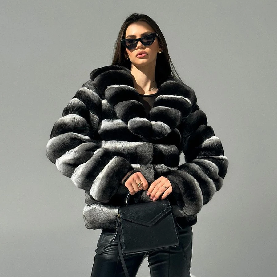 Pelzmantel Frauen Echt Chinchilla Rex Kaninchen Pelz Mäntel Mit Stehkragen Luxus Winter Natürliche Kurze Pelz Jacke