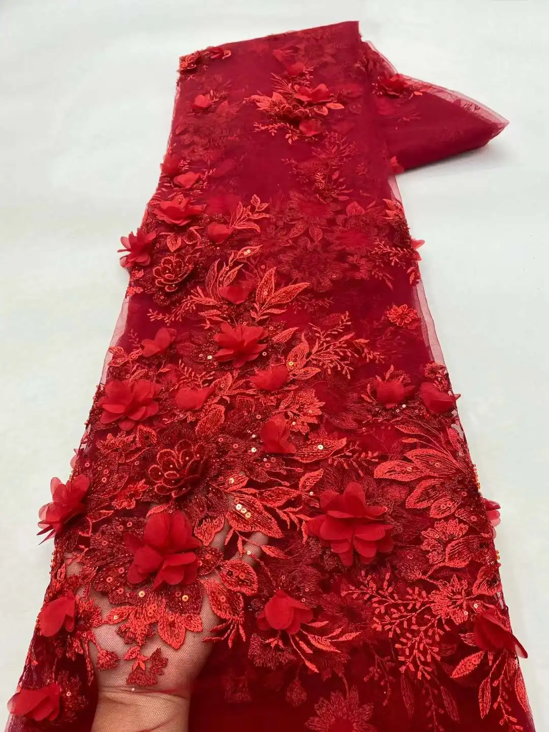 アフリカの3D花で刺繍されたレース生地,フランスのメッシュ,キラキラのスパンコール,ナイジェリアのチュール,パーティードレス,最新