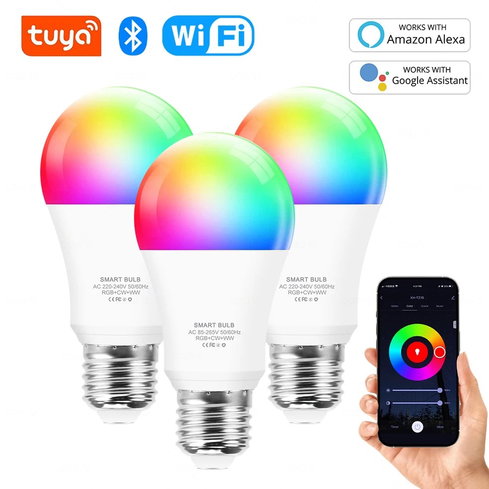 Tuya Wifi E27 LED-Lampe RGB CW WW 15W Bluetooth-LED-Glühbirne funktioniert mit Alexa Amazon Google Home für Smart Life Dekoration