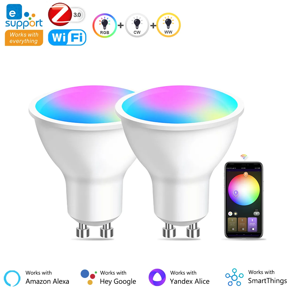 GU10 Zigbee/Wifi Lampadina a Led RGB CW WW Faretti Lampadine a Led Lampada a Led Intelligente Funziona con Alexa Echo Hub Google Yandex Smartthings