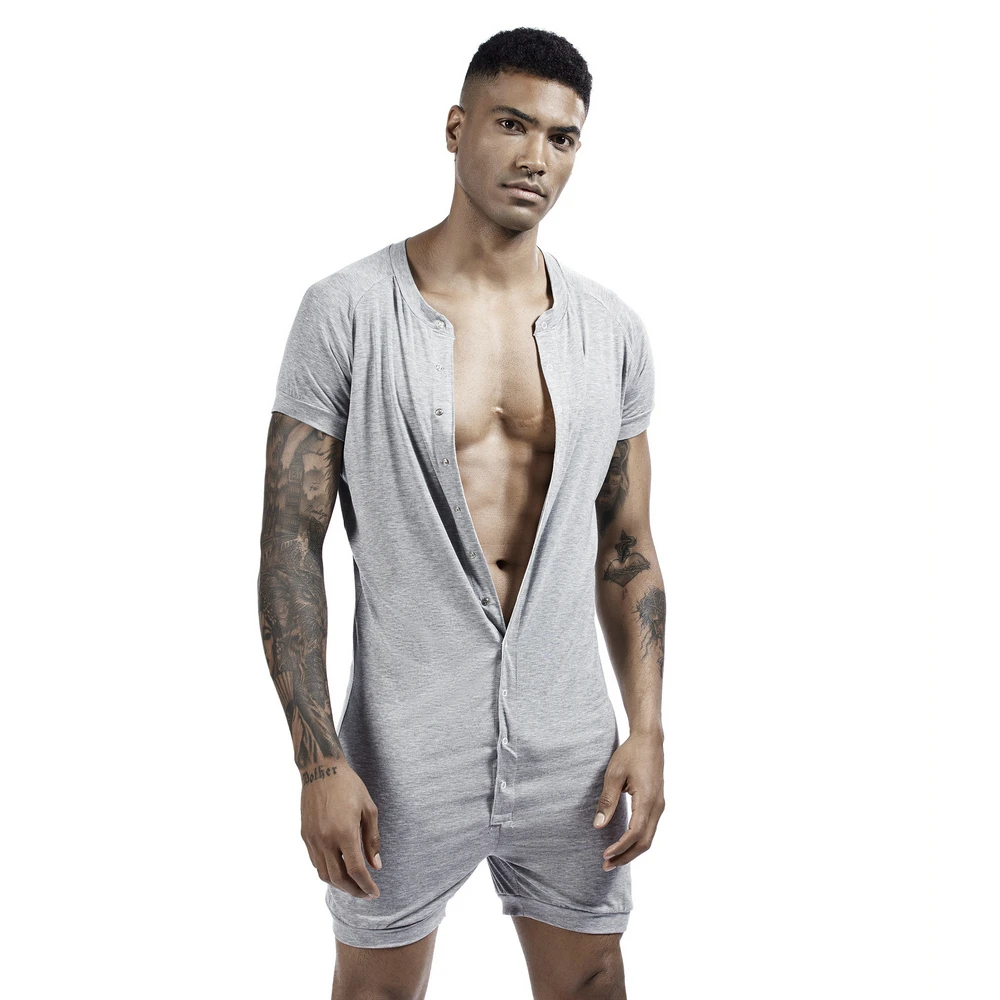 SEOBEAN Men's Button Short Sleeve jumpsuit - Comfortable Solid Color Loose High Elastic Home Clothes Sleepwear