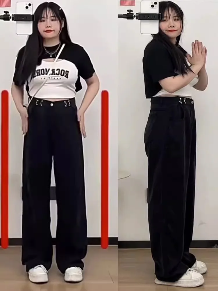 블랙 와이드 레그 데님 청바지 여성 가을 통통한 소녀 Mm 하이 웨이스트 스트레이트 레그 루즈핏 슬리밍 드래그 트레일 바지