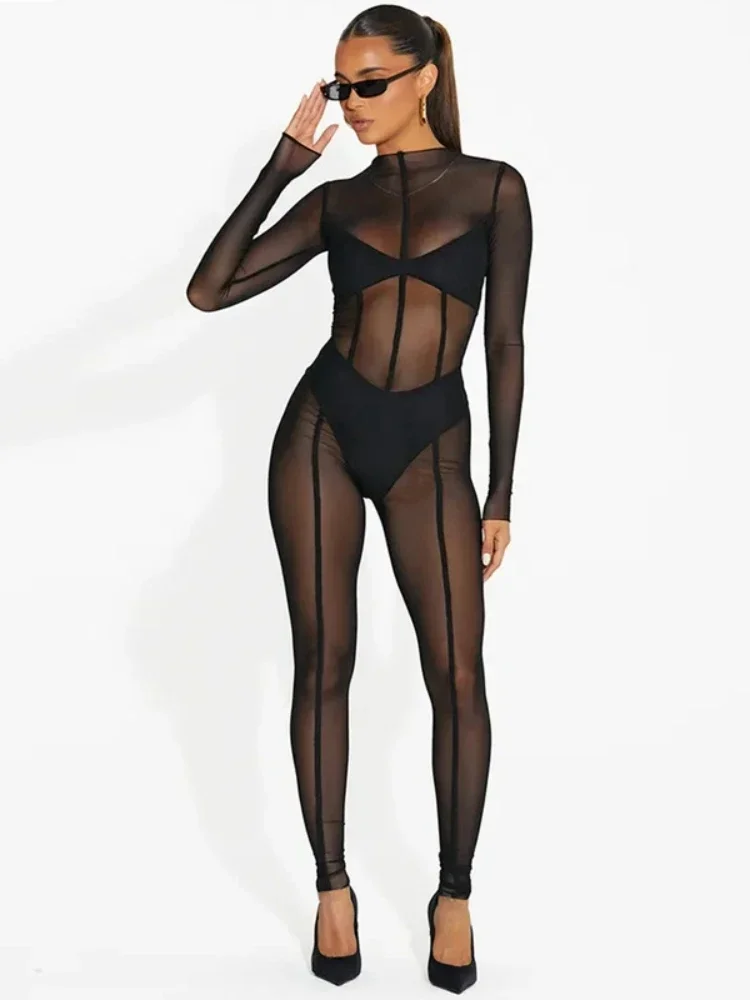 Zwarte jumpsuits voor vrouwen mesh doorzichtige overalls bodycon romper eendelige outfit vrouwen sexy monos mujer elegante bodysuit