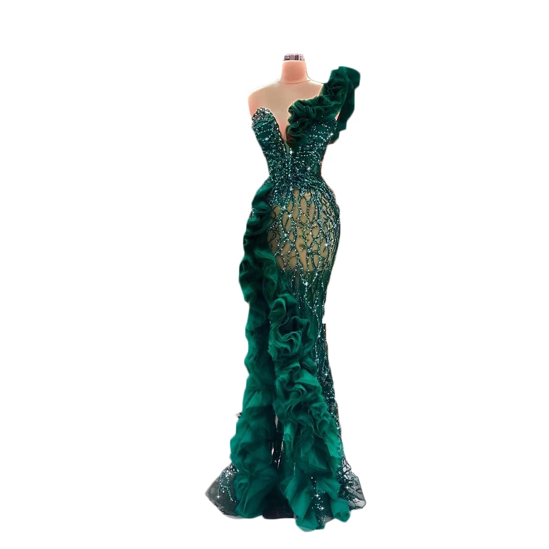 LISM Sang Trọng Đính Hạt Appliques Nàng Tiên Cá Đầm Dạ Hội Sang Trọng Bên Chia Xù Voan Xòe Đầm Lấp Lánh Kim Sa Lấp Lánh Chính Thức Bầu